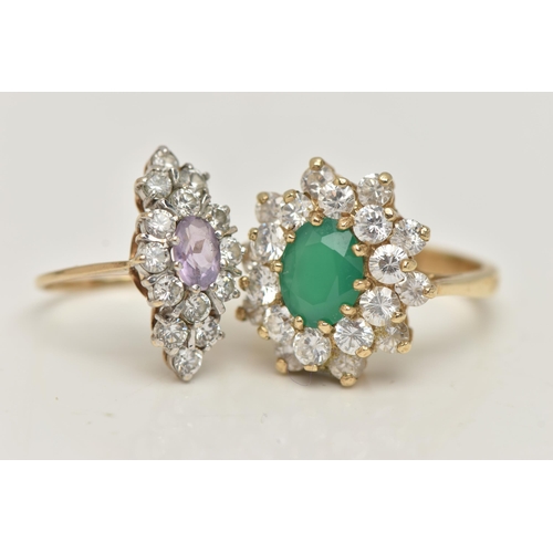 18 - TWO 9CT GOLD GEM SET RINGS, the first designed as a central oval dyed chalcedony within a two tier c... 