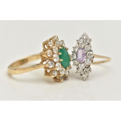 18 - TWO 9CT GOLD GEM SET RINGS, the first designed as a central oval dyed chalcedony within a two tier c... 