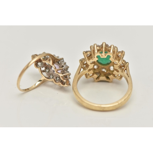 18 - TWO 9CT GOLD GEM SET RINGS, the first designed as a central oval dyed chalcedony within a two tier c... 