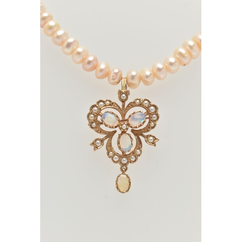 19 - A FRESHWATER CULTURED PEARL NECKLACE WITH 9CT GOLD OPAL AND SPLIT PEARL PENDANT, designed as a trefo... 