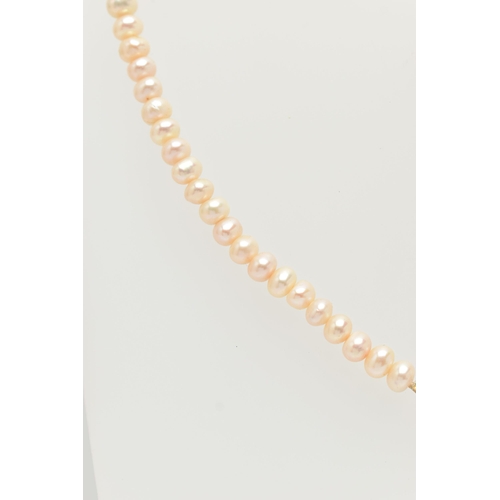 19 - A FRESHWATER CULTURED PEARL NECKLACE WITH 9CT GOLD OPAL AND SPLIT PEARL PENDANT, designed as a trefo... 