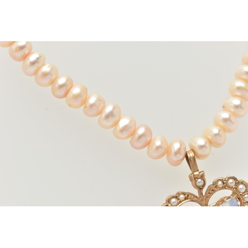 19 - A FRESHWATER CULTURED PEARL NECKLACE WITH 9CT GOLD OPAL AND SPLIT PEARL PENDANT, designed as a trefo... 