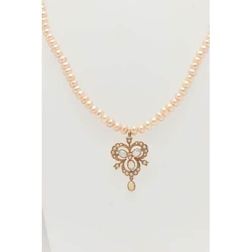 19 - A FRESHWATER CULTURED PEARL NECKLACE WITH 9CT GOLD OPAL AND SPLIT PEARL PENDANT, designed as a trefo... 