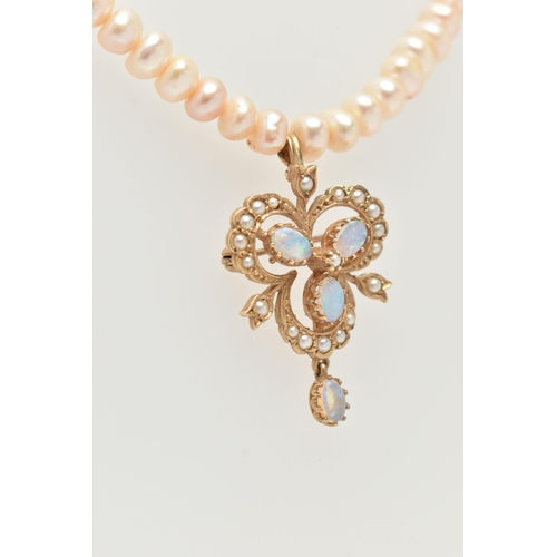 19 - A FRESHWATER CULTURED PEARL NECKLACE WITH 9CT GOLD OPAL AND SPLIT PEARL PENDANT, designed as a trefo... 