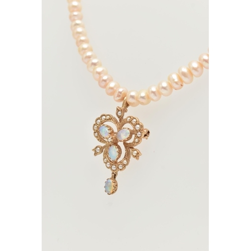 19 - A FRESHWATER CULTURED PEARL NECKLACE WITH 9CT GOLD OPAL AND SPLIT PEARL PENDANT, designed as a trefo... 