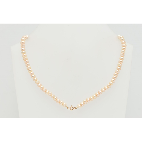 19 - A FRESHWATER CULTURED PEARL NECKLACE WITH 9CT GOLD OPAL AND SPLIT PEARL PENDANT, designed as a trefo... 