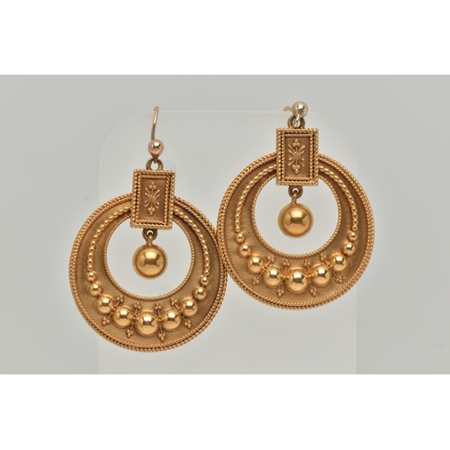 2 - A PAIR OF MID VICTORIAN DROP EARRINGS, of circular outline with graduated beaded line and rope twist... 