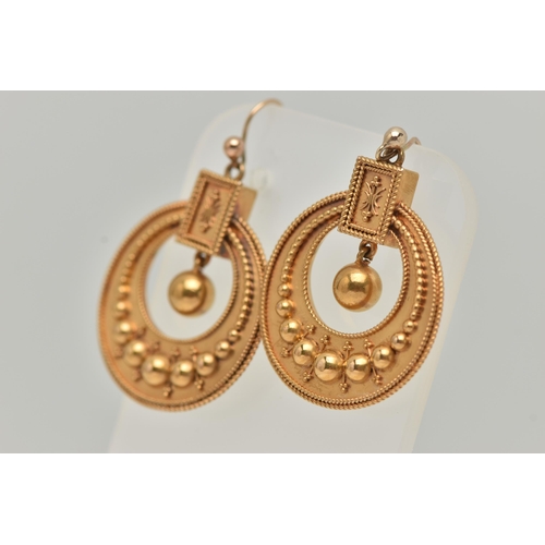 2 - A PAIR OF MID VICTORIAN DROP EARRINGS, of circular outline with graduated beaded line and rope twist... 