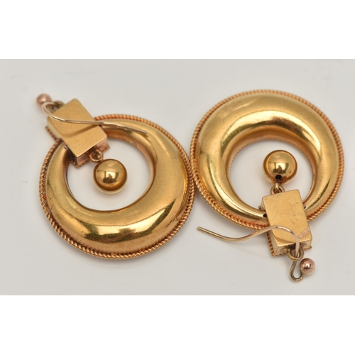 2 - A PAIR OF MID VICTORIAN DROP EARRINGS, of circular outline with graduated beaded line and rope twist... 