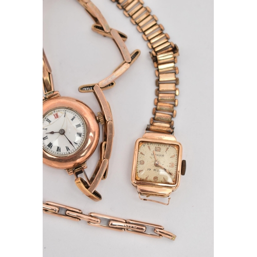 26 - THREE LADIES EARLY TO MID 20TH CENTURY WRISTWATCHES, the first a manual wind, 9ct rose gold watch, r... 