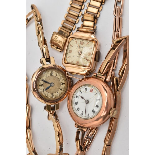 26 - THREE LADIES EARLY TO MID 20TH CENTURY WRISTWATCHES, the first a manual wind, 9ct rose gold watch, r... 