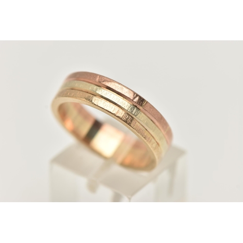 30 - A TRI COLOUR WIDE BAND RING, yellow, rose and white bands, approximate band width 5.7mm, unmarked, r... 