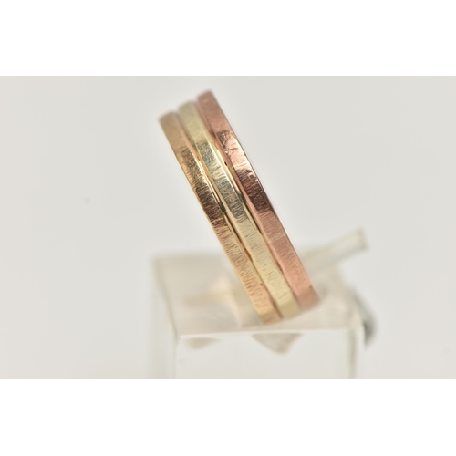 30 - A TRI COLOUR WIDE BAND RING, yellow, rose and white bands, approximate band width 5.7mm, unmarked, r... 