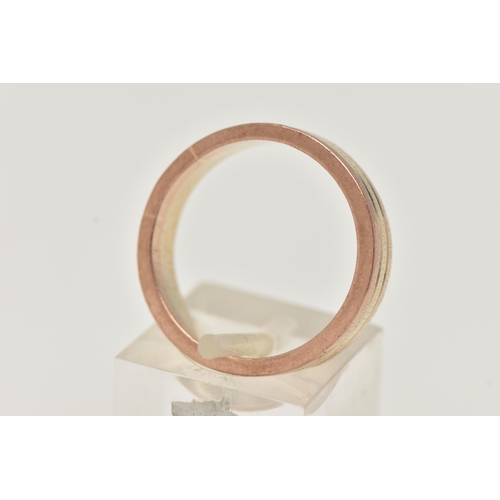 30 - A TRI COLOUR WIDE BAND RING, yellow, rose and white bands, approximate band width 5.7mm, unmarked, r... 