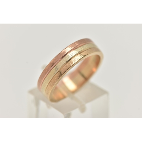 30 - A TRI COLOUR WIDE BAND RING, yellow, rose and white bands, approximate band width 5.7mm, unmarked, r... 