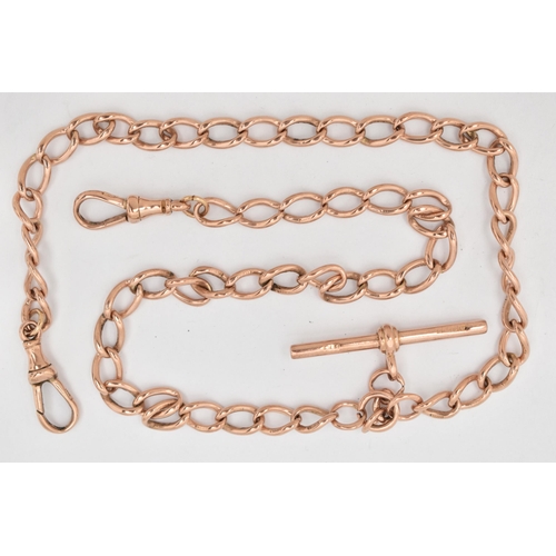 35 - A 9CT ROSE GOLD DOUBLE ALBERT CHAIN, curb links each stamped 9.375, fitted with a T-bar, hallmarked ... 