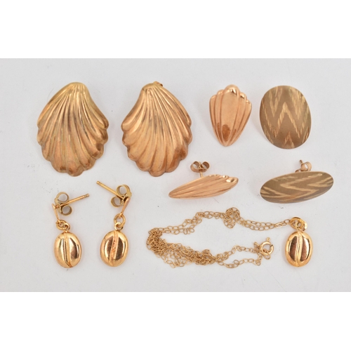 36 - FOUR PAIRS OF EARRINGS AND A PENDANT NECKLACE, to include a pair of shell shape yellow metal earring... 