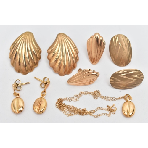 36 - FOUR PAIRS OF EARRINGS AND A PENDANT NECKLACE, to include a pair of shell shape yellow metal earring... 