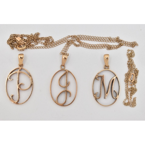 37 - THREE 9CT GOLD INITIAL PENDANTS AND TWO CHAINS, three oval, open work initial pendants, initials 'M,... 