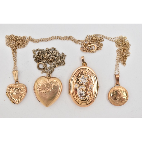 38 - FOUR LOCKETS AND THREE CHAINS, a large oval locket with floral pattern, fitted with a tapered bail, ... 