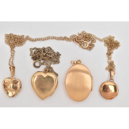 38 - FOUR LOCKETS AND THREE CHAINS, a large oval locket with floral pattern, fitted with a tapered bail, ... 