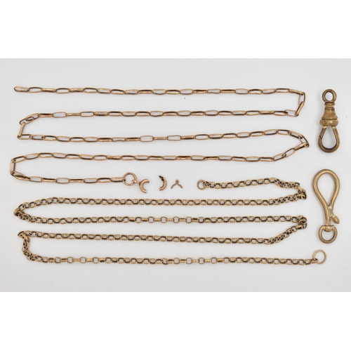 39 - TWO CHIANS AND TWO CLASPS, to include an AF yellow metal belcher chain, missing clasp, length 490mm,... 
