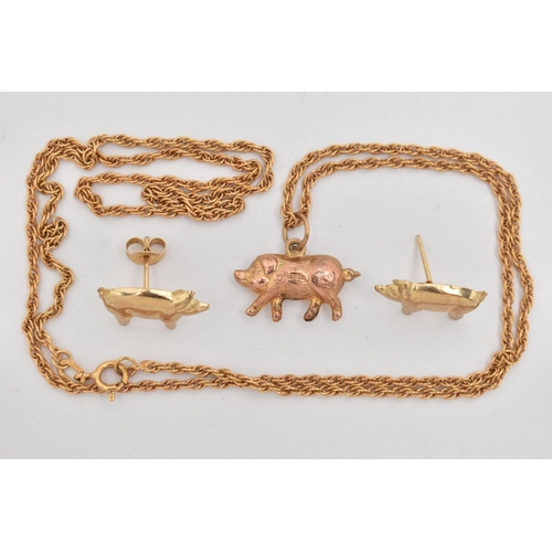 41 - A 9CT GOLD PIG PENDANT A CHAIN AND EARRINGS, hollow textured pig charm/pendant, hallmarked 9ct Birmi... 