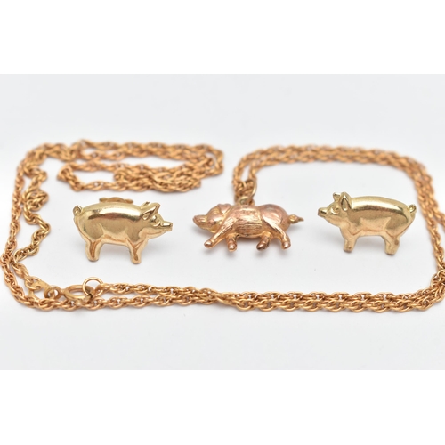 41 - A 9CT GOLD PIG PENDANT A CHAIN AND EARRINGS, hollow textured pig charm/pendant, hallmarked 9ct Birmi... 