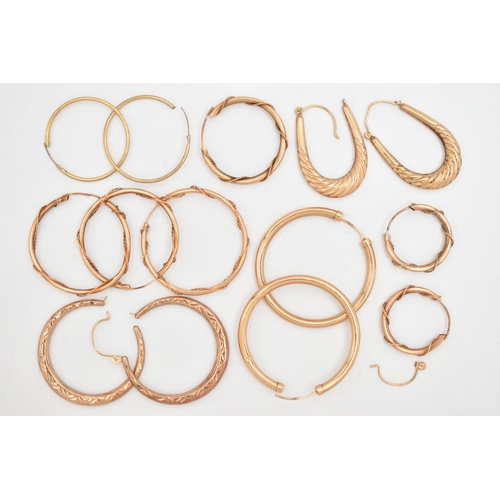42 - A BAG OF YELLOW METAL HOOP EARRINGS, to include five pairs of round hollow hoops, two pairs hallmark... 
