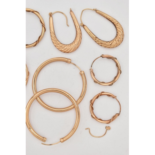 42 - A BAG OF YELLOW METAL HOOP EARRINGS, to include five pairs of round hollow hoops, two pairs hallmark... 