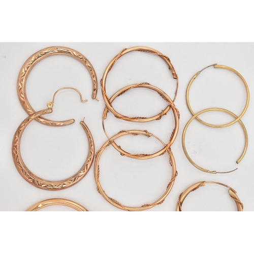 42 - A BAG OF YELLOW METAL HOOP EARRINGS, to include five pairs of round hollow hoops, two pairs hallmark... 