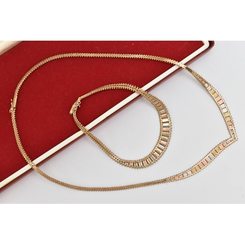 43 - A 9CT GOLD TRI-COLOUR CHAIN NECKLACE AND MATCHING BRACELET, V shape necklace with a textured tri-col... 