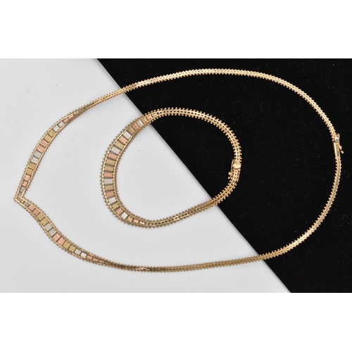 43 - A 9CT GOLD TRI-COLOUR CHAIN NECKLACE AND MATCHING BRACELET, V shape necklace with a textured tri-col... 