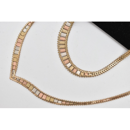 43 - A 9CT GOLD TRI-COLOUR CHAIN NECKLACE AND MATCHING BRACELET, V shape necklace with a textured tri-col... 