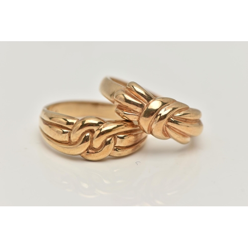 45 - TWO 9CT GOLD RINGS, one in the form of a knot, hallmarked 9ct London, ring size leading edge O, the ... 