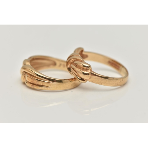 45 - TWO 9CT GOLD RINGS, one in the form of a knot, hallmarked 9ct London, ring size leading edge O, the ... 