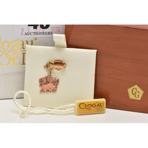 46 - A BOXED 'CLOGAU' CHARM, Welsh Dragon rose gold charm, signed to the reverse 'Clogau' hallmarked 9ct ... 