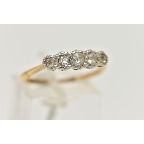 49 - A YELLOW AND WHITE METAL DIAMOND FIVE STONE RING, set with five graduated old cut diamonds, estimate... 