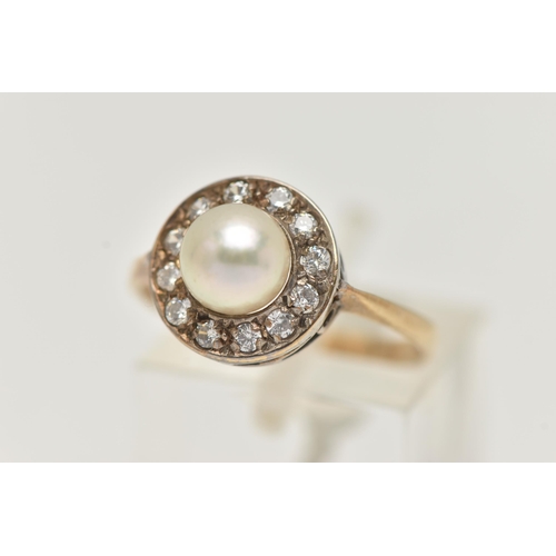 5 - A 9CT GOLD CLUSTER RING, designed as a central cultured pearl, within a circular cut cubic zirconia ... 