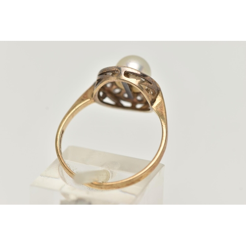 5 - A 9CT GOLD CLUSTER RING, designed as a central cultured pearl, within a circular cut cubic zirconia ... 