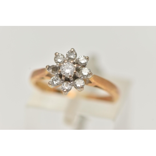 54 - AN 18CT GOLD DIAMOND CLUSTER RING, of a flower shape, set with eight round brilliant cut diamonds (o... 