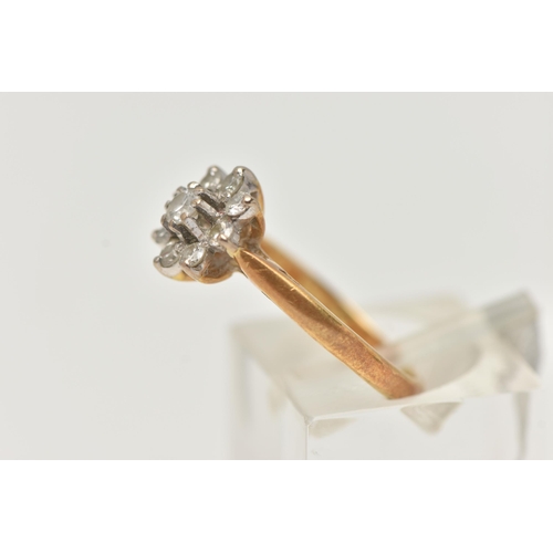 54 - AN 18CT GOLD DIAMOND CLUSTER RING, of a flower shape, set with eight round brilliant cut diamonds (o... 