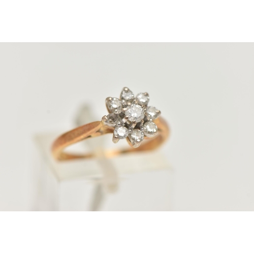 54 - AN 18CT GOLD DIAMOND CLUSTER RING, of a flower shape, set with eight round brilliant cut diamonds (o... 