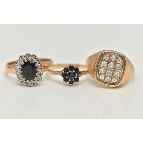 57 - THREE 9CT GOLD GEM SET RINGS, the first a cubic zirconia AF signet ring, misshapen shank, hallmarked... 