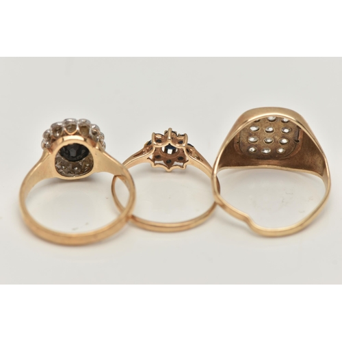 57 - THREE 9CT GOLD GEM SET RINGS, the first a cubic zirconia AF signet ring, misshapen shank, hallmarked... 