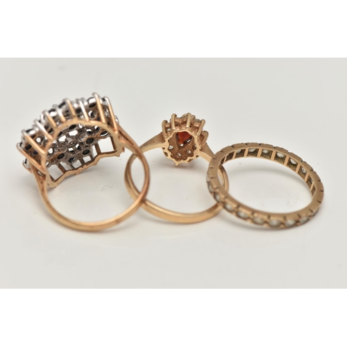59 - TWO 9CT GOLD GEM SET RINGS AND A FULL ETERNITY RING, to include a large single cut diamond and deep ... 
