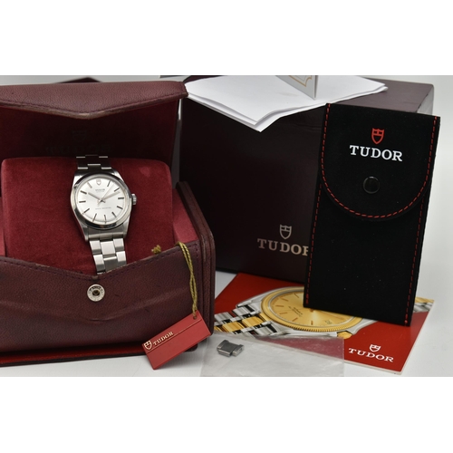 63 - A BOXED TUDOR NON-DATE WRISTWATCH, silvered dial with baton markers, signed Tudor Oyster, shock resi... 