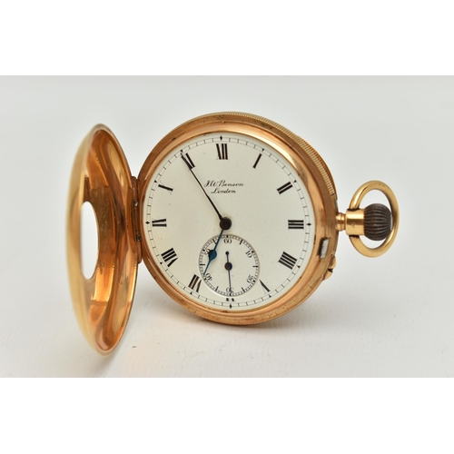 65 - AN EARLY 20TH CENTURY 18CT GOLD HALF HUNTER POCKET WATCH, hand wound movement, round white dial, sig... 