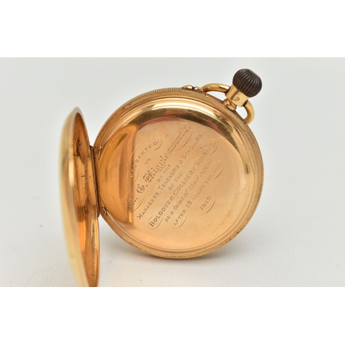 65 - AN EARLY 20TH CENTURY 18CT GOLD HALF HUNTER POCKET WATCH, hand wound movement, round white dial, sig... 