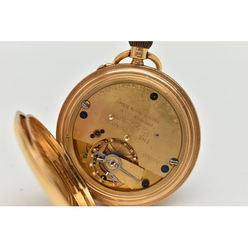 65 - AN EARLY 20TH CENTURY 18CT GOLD HALF HUNTER POCKET WATCH, hand wound movement, round white dial, sig... 